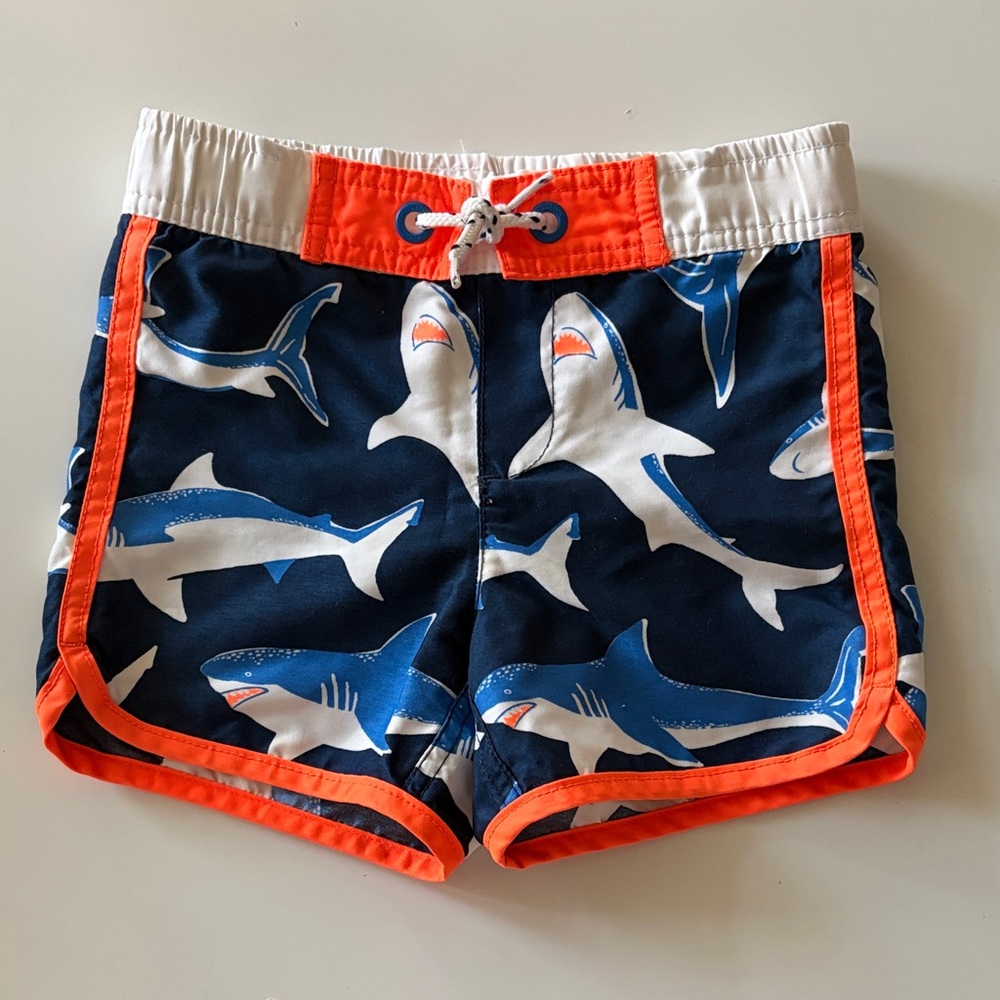 EUC Mini Boden Shark Print Swim Shorts with Orange Trim